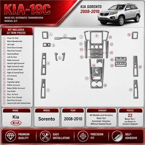 KIA Sorento 2008-2010 Basic Set, Automatic Gear, Without Heated Seats Interior Dashboard Trim Kit Dash Trim Dekor