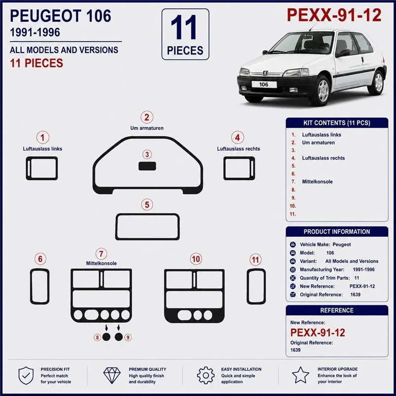 Peugeot 106 1991-1996 kit salpicadero 3D, 12 piezas