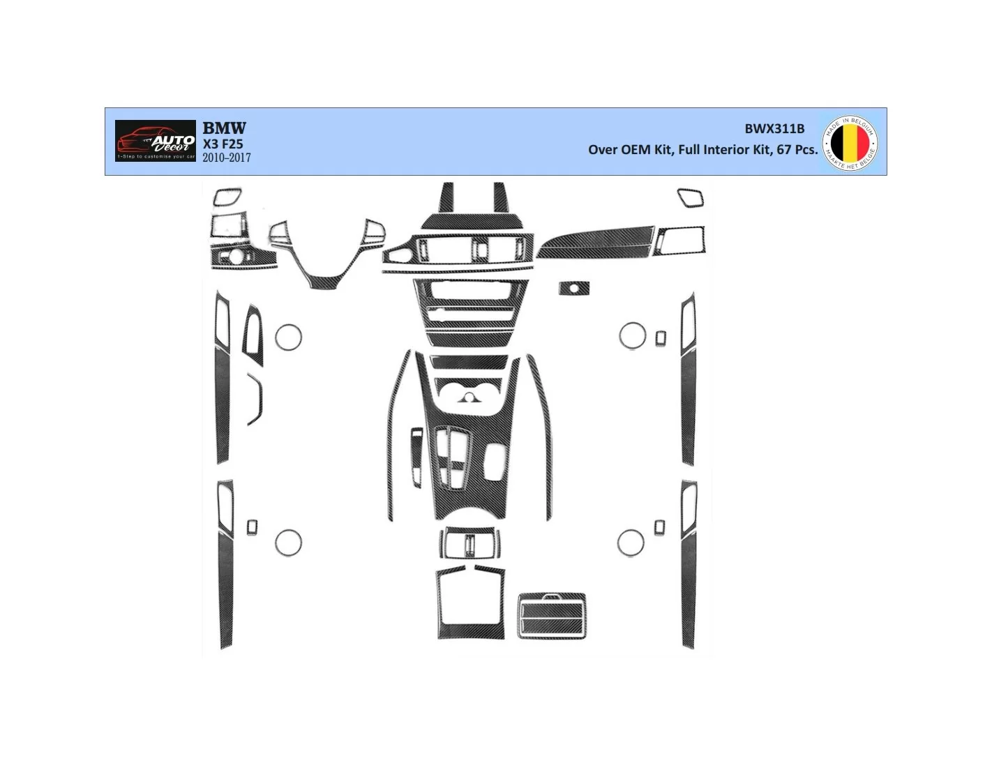 BMW X3 F25 2010–2017 3D Interior Dashboard Trim Kit Dash Trim Dekor 54-Parts