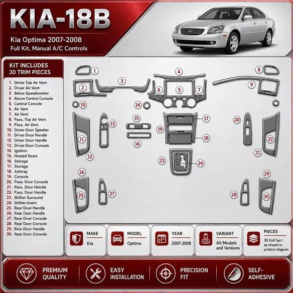 KIA Optima 2007-2008 juego completo, caja manual A/C Controls kit de molduras interiores para salpicadero