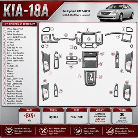 KIA Optima 2007-2008 Full Set, Automatic AC Control Interior Dashboard Trim Kit Dash Trim Dekor