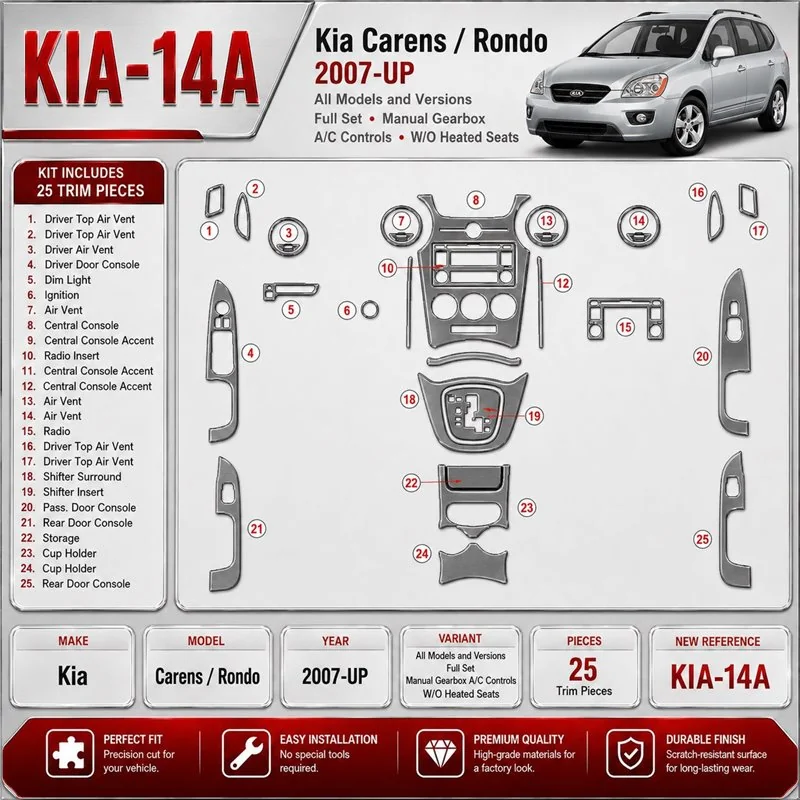 Kia Carens/Rondo 2007-heden Full Set, Manual Gearbox A/C Controls, W/O Heated Seats interieur dashboard decoratieset dashboard d