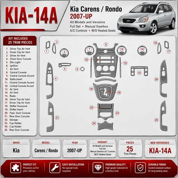 Kia Carens/Rondo 2007-UP Full Set, Manual Gearbox A/C Controls, W/O Heated Seats Interior Dashboard Trim Kit Dash Trim Dekor