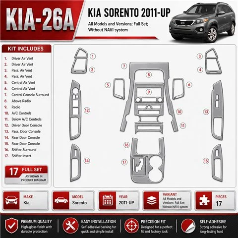 KIA Sorento 2011-UP Full Set, Without NAVI system Interior Dashboard Trim Kit Dash Trim Dekor