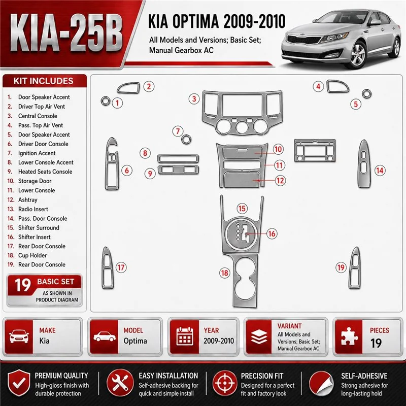 KIA Optima 2009-2010 Basic Set, Manual Gearbox AC interieur dashboard decoratieset dashboard decor