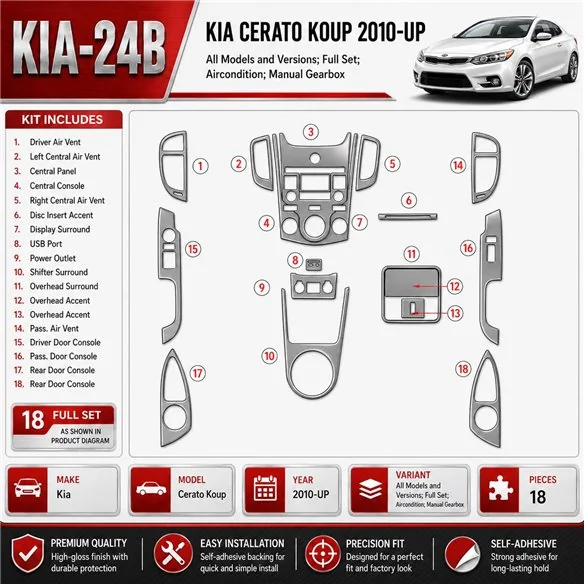 KIA Cerato Koup 2010-UP Full Set, Aircondition, Manual Gear Box Interior Dashboard Trim Kit Dash Trim Dekor