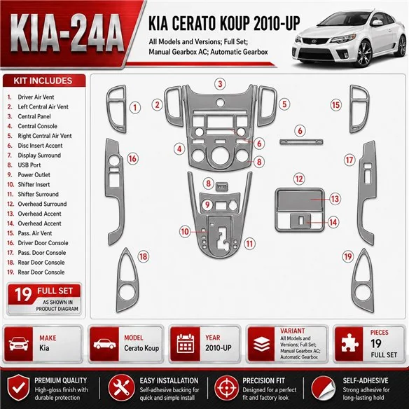 KIA Cerato Koup 2010-UP Full Set, Manual Gearbox AC, Automatic Gear Interior Dashboard Trim Kit Dash Trim Dekor