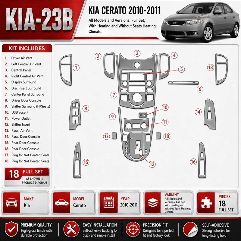 Kia Cerato 2010-2011 Full Set, With Heating and Without Seats Heating, Climate interieur dashboard decoratieset dashboard decor