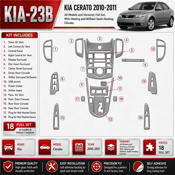 Kia Cerato 2010-2011 Full Set, With Heating and Without Seats Heating, Climate interieur dashboard decoratieset dashboard decor