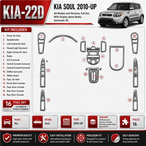 KIA Soul 2010-Actualidad juego completo, With Display above Radio, Automatic AC kit de molduras interiores para salpicadero