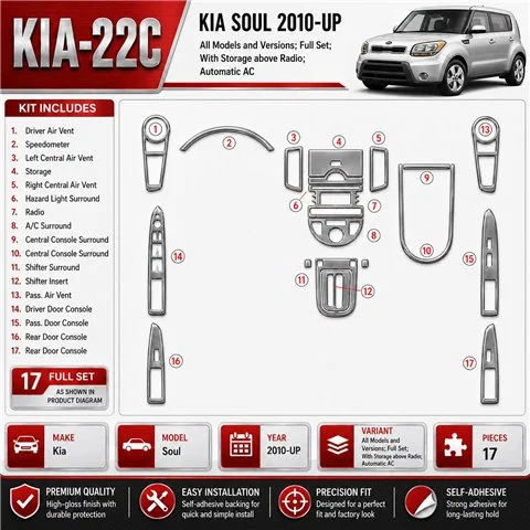 KIA Soul 2010-Actualidad juego completo, With Storage above Radio, Automatic AC kit de molduras interiores para salpicadero