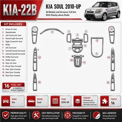 KIA Soul 2010-heden Full Set, With Display above Radio interieur dashboard decoratieset dashboard decor