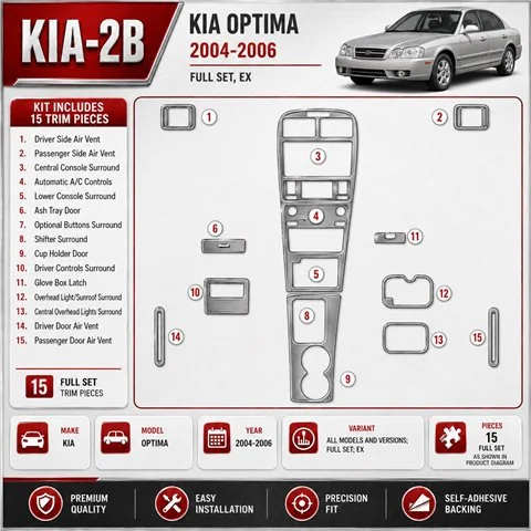 KIA Optima 2004-2006 Full Set, EX, Years: 2004-2006 1/2 Interior Dashboard Trim Kit Dash Trim Dekor