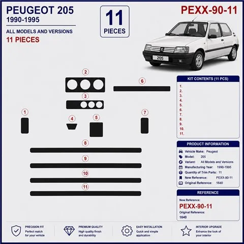 Peugeot 205 1990-1995 3D dashboard sierlijstset, 11 delen 2