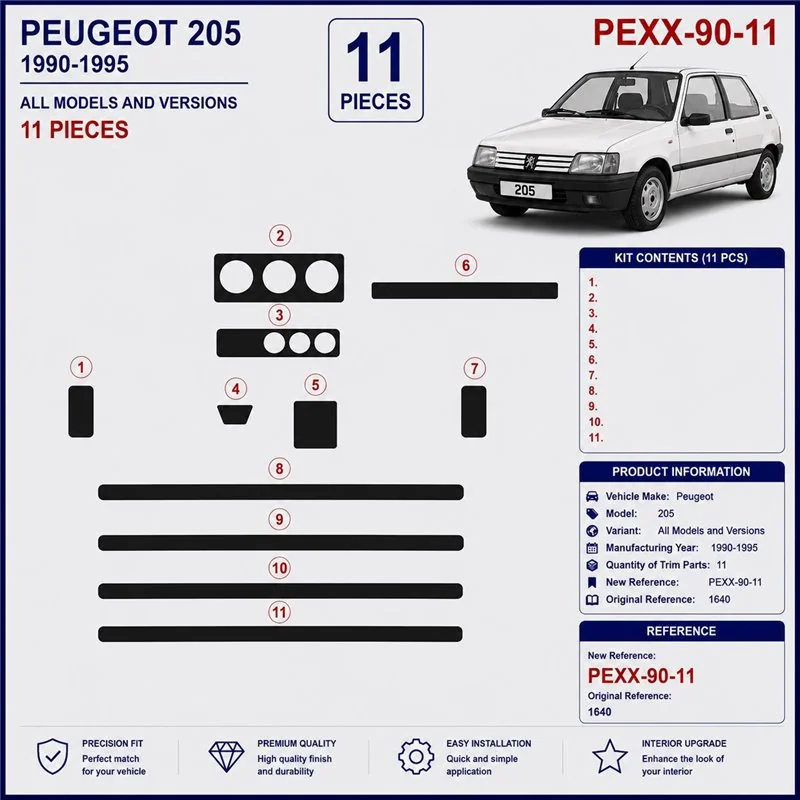 Peugeot 205 1990-1995 3D Armaturenbrett-Dekor-Set, 11 Teile