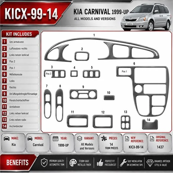 Kia Carnival 1999-heute 3D Cockpit Dekor Interieurleisten Set 14-teilig