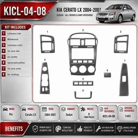 Kia Cerato LX Sedan 2004-2007 kit 3D de molduras interiores para salpicadero 8 piezas