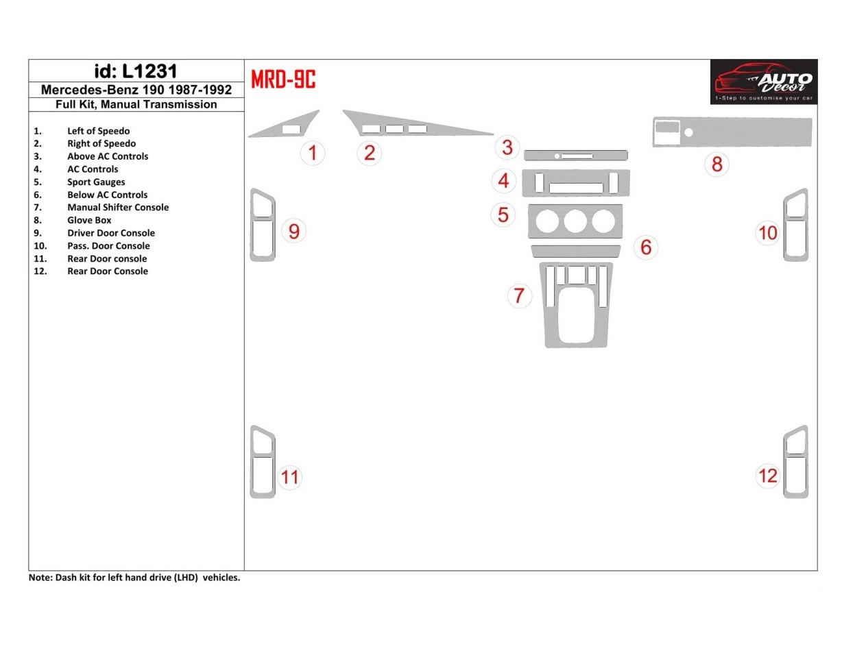 Mercedes Benz 190 1987-1992 Voll Satz, Manual Gear Box, With Sport Gauges BD innenausstattung armaturendekor cockpit dekor - 1- 