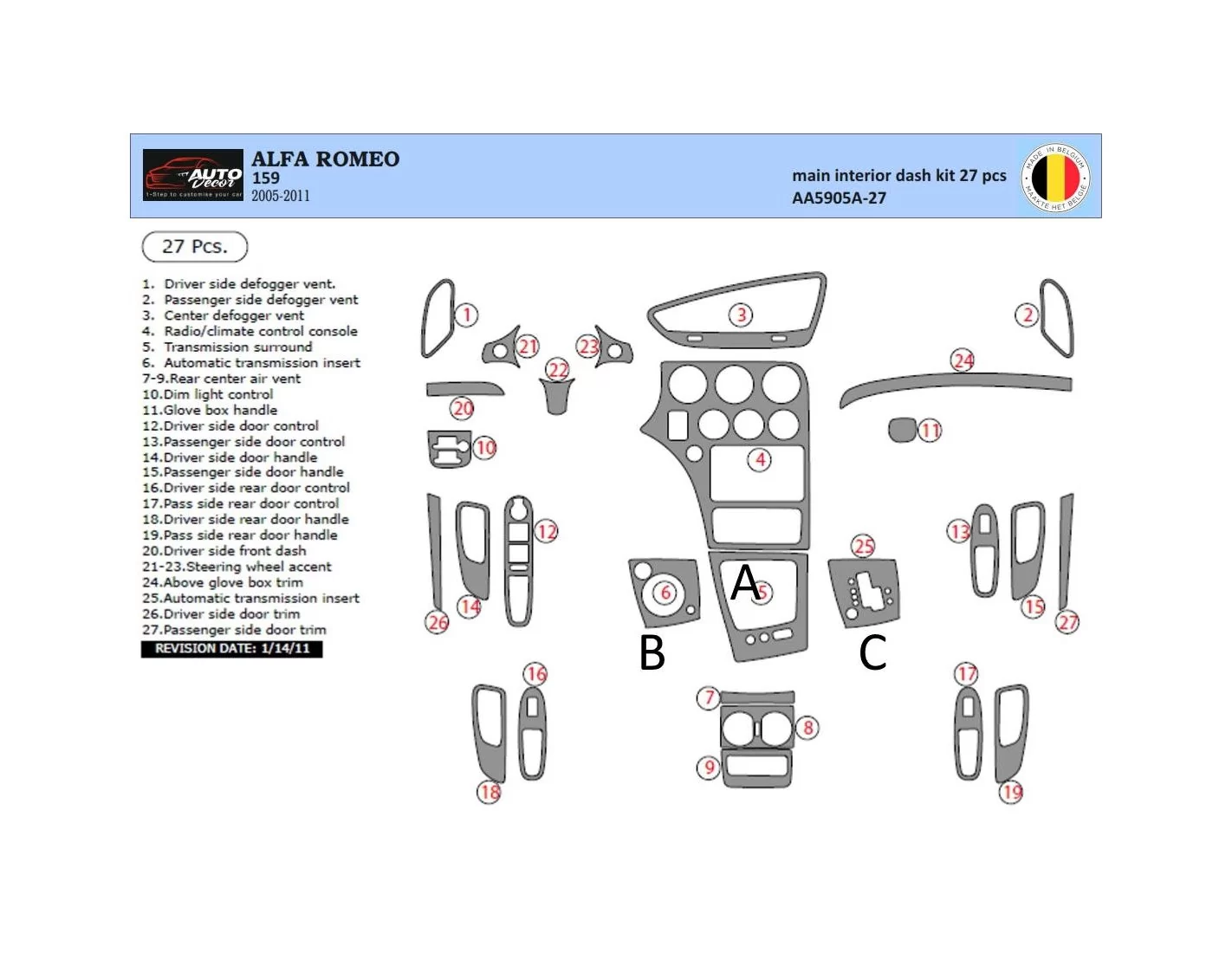 Alfa Romeo 159 2005-2011 3D Interior Dashboard Trim Kit Dash Trim Dekor 27-Parts