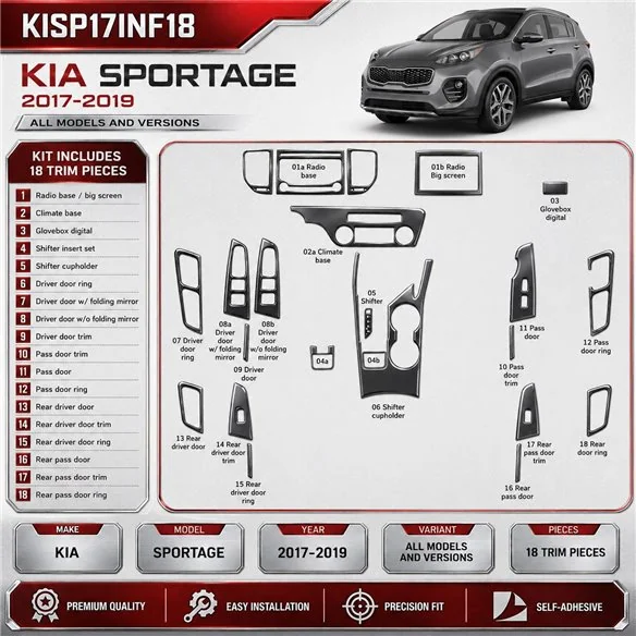 Kia Sportage 2017-2019 kit de molduras interiores para salpicadero 18 piezas