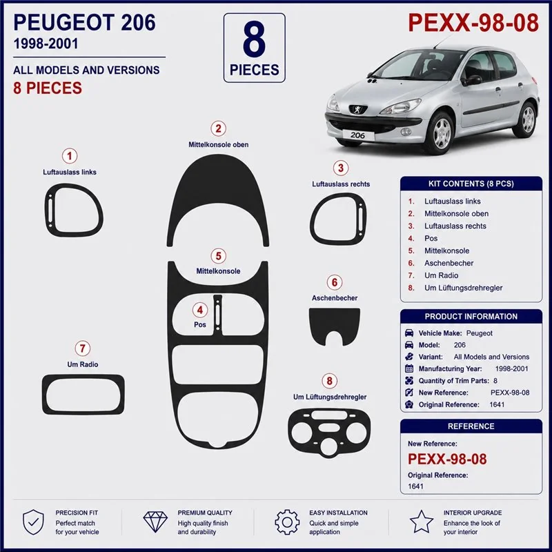 Peugeot 206 2001-2010 3D dashboard trim kit, 10 parts