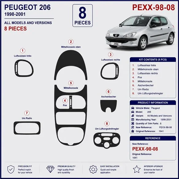 Peugeot 206 2001-2010 3D Armaturenbrett-Dekor-Set, 10 Teile