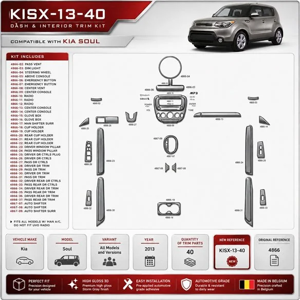 KIA Soul 2013 Interior Dashboard Trim Kit Dash Trim Dekor 40 Parts