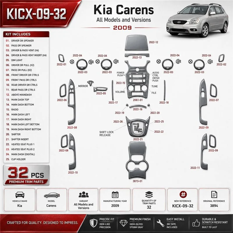 Kia Carens 2009 kit rivestimento cruscotto e interni 3D 32 pezzi