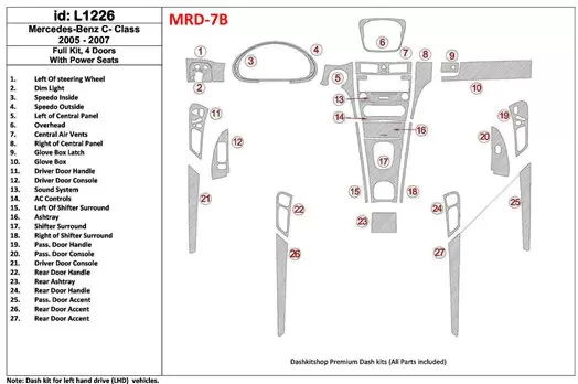 Mercedes Benz C Class 2005-2007 Full Set, 4 Doors Coupe, With Power Seats Interior BD Dash Trim Kit