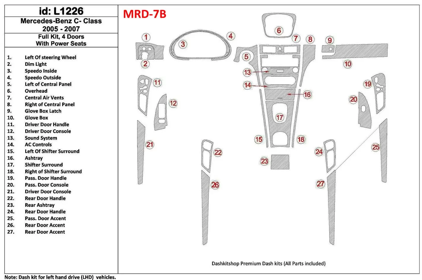 Mercedes Benz C Class 2005-2007 Full Set, 4 Doors Coupe, With Power Seats Interior BD Dash Trim Kit