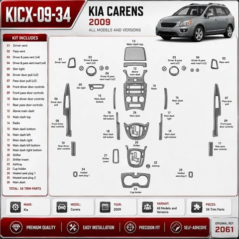 KIA Carens 2009 Interior Dashboard Trim Kit Dash Trim Dekor 34 Parts