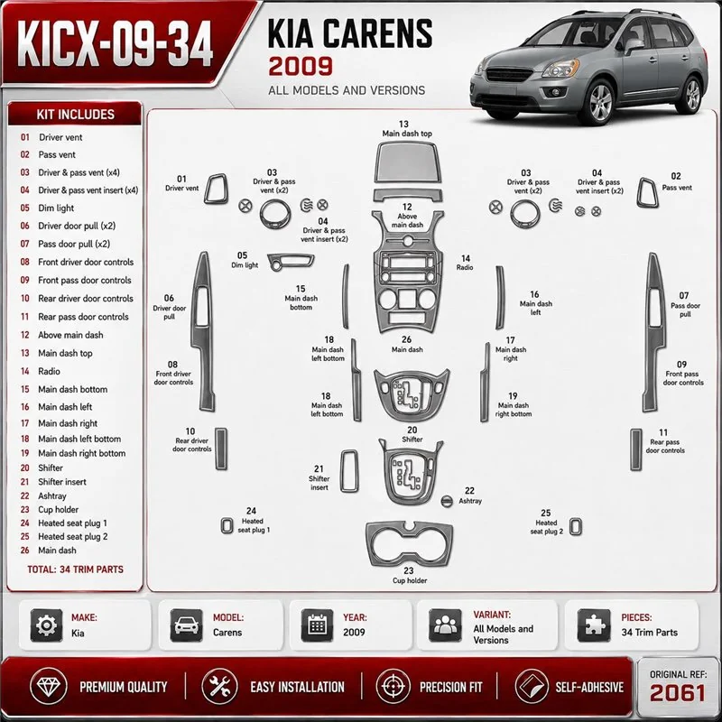 KIA Carens 2009 kit de molduras interiores para salpicadero 34 piezas