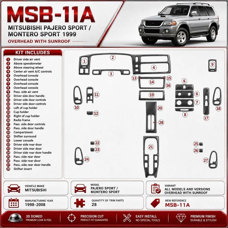 Mitsubishi Pajero Sport/Montero Sport 1998-2008 3D Cockpit Dekor Interieurleisten Set 28-teilig