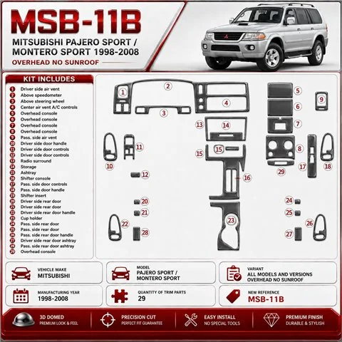 Mitsubishi Pajero Sport/Montero Sport 1998-2008 Overhead No Sunroof, 29 Parts set Interior Dashboard Trim Kit Dash Trim Dekor