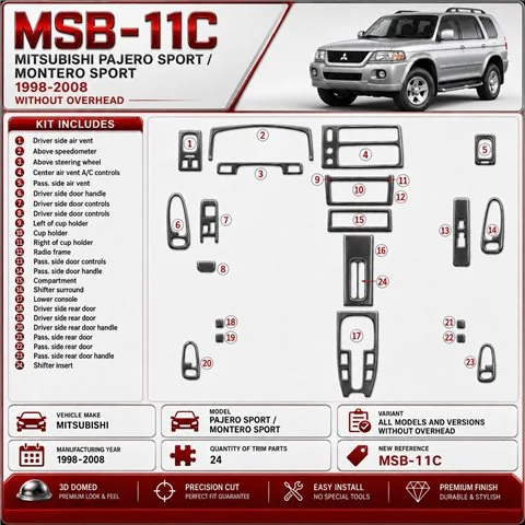 Mitsubishi Pajero Sport/Montero Sport 1998-2008 Without Overhead, 24 Parts set Interior Dashboard Trim Kit Dash Trim Dekor