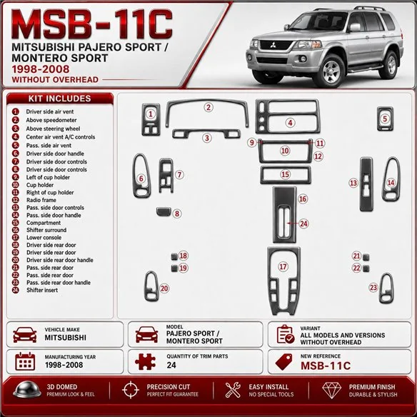 Mitsubishi Pajero Sport/Montero Sport 1998-2008 3D Cockpit Dekor Interieurleisten Set 24-teilig