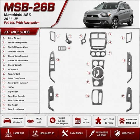 Mitsubishi ASX 2011-UP Full Set, With NAVI Interior Dashboard Trim Kit Dash Trim Dekor