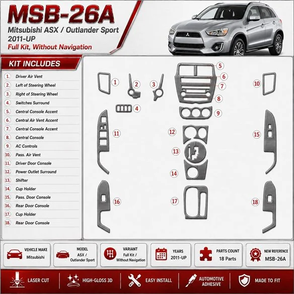 Mitsubishi Outlander ASX/Sport 2011-UP Full Set, Without NAVI Interior Dashboard Trim Kit Dash Trim Dekor