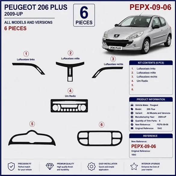 Peugeot 206 Plus 2009+ 3D Armaturenbrett-Dekor-Set, 6 Teile