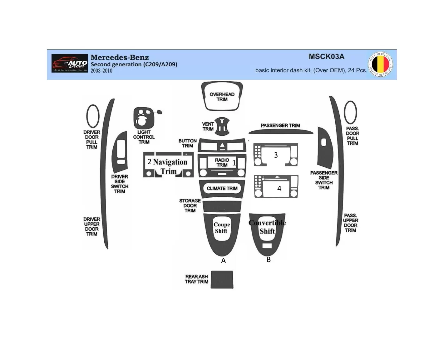 Mercedes Benz CLK W209 2003–2010 Coupe Carbio Full Set Interior BD Dash Trim Kit 24pcs