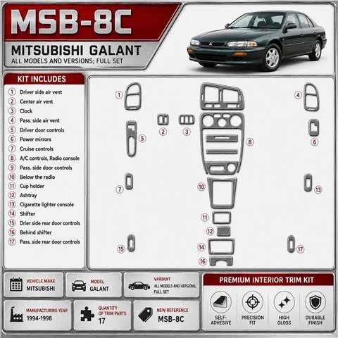 Mitsubishi Galant 1994-1998 Full Set, 13 Parts set Interior Dashboard Trim Kit Dash Trim Dekor