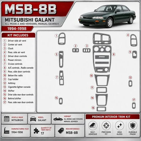 Mitsubishi Galant 1994-1998 Manual Gearbox, mission, 17 delen set interieur dashboard decoratieset dashboard decor