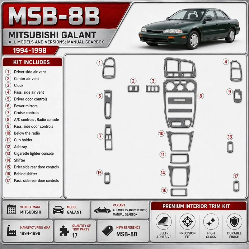 Mitsubishi Galant 1994-1998 Manual Gearbox, mission, 17 delen set interieur dashboard decoratieset dashboard decor