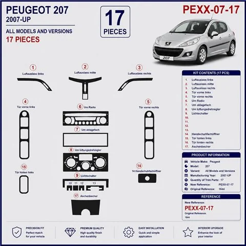 Peugeot 207 2007+ kit salpicadero 3D, 17 piezas 2