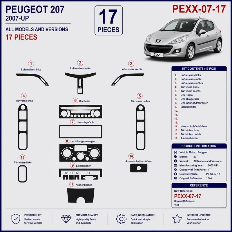 Peugeot 207 2007+ 3D Armaturenbrett-Dekor-Set, 17 Teile