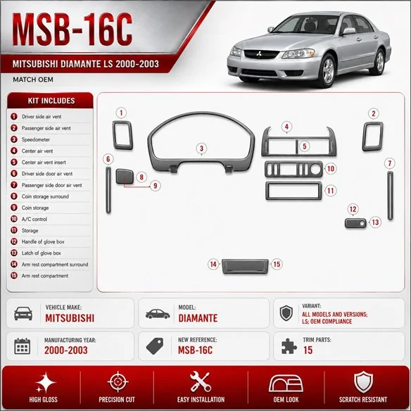 Mitsubishi Diamante 2000-2003 LS, OEM Compliance interieur dashboard decoratieset dashboard decor