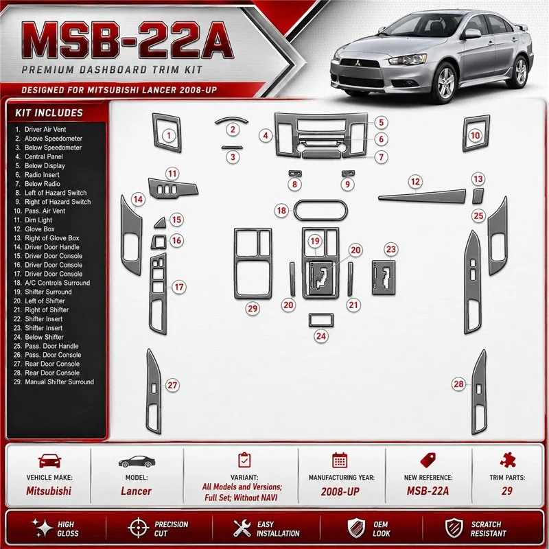 Mitsubishi Lancer 2008-Actualidad juego completo, sin navegador kit de molduras interiores para salpicadero