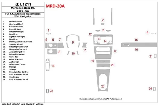 Mercedes Benz ML W164 Class 2006-UP Full Set, Automatic Gear, With NAVI BD Interieur Dashboard Bekleding Volhouder