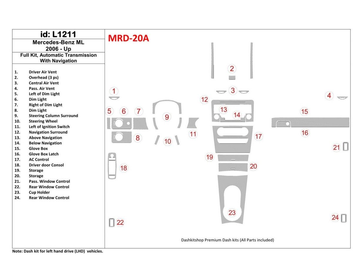 Mercedes Benz M Class 2006-UP Full Set, Automatic Gear, With NAVI Interior BD Dash Trim Kit