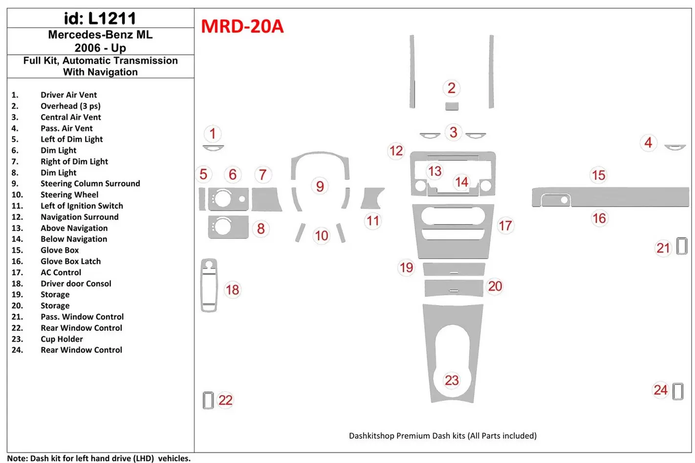 Mercedes Benz M Class 2006-UP Full Set, Automatic Gear, With NAVI Interior BD Dash Trim Kit